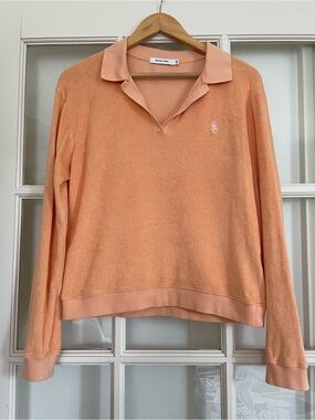 Sporty & Rich orange velour long sleeve polo shirt 100% cotton women's medium M